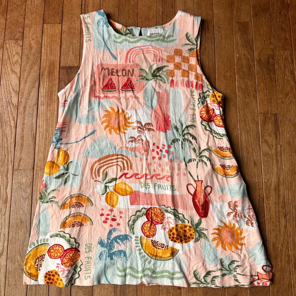 Paper Heart‎ Fruit Print Mini Dress Womens XL Sleeveless Linen Blend Pink Modern